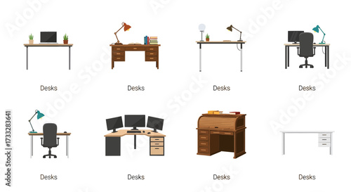 A diverse collection of various office and home office desk setups, featuring different furniture styles, computer equipment, and accessories for a modern or traditional workspace environment