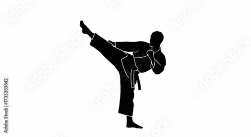 Dynamic martial artist executes powerful high kick in silhouette, showcasing discipline and athletic prowess for action-packed projects