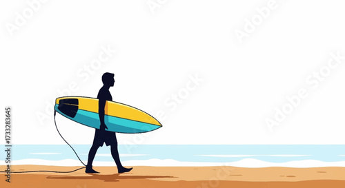 Determined surfer walks along a sun-drenched beach carrying his vibrant surfboard, ready for the waves and ocean adventure