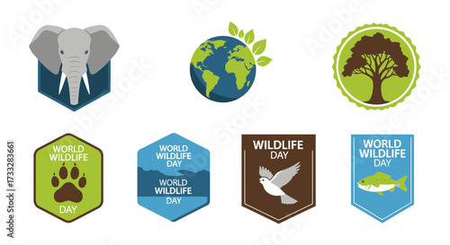 Collection of flat vector icons for World Wildlife Day, featuring diverse symbols of nature, wildlife, animals, global environment, and ecological conservation