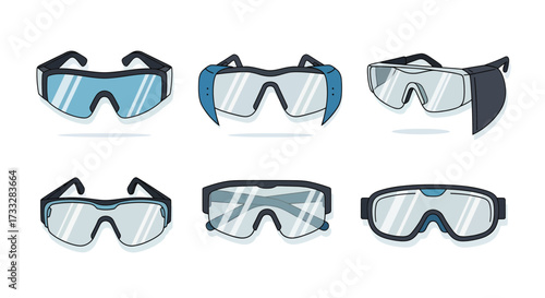 Set of various safety glasses and protective eyewear designs, crucial for industrial work, construction, laboratory environments, and sports activities requiring eye protection