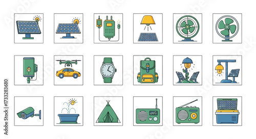 Collection of Outdoor and Technology Icons for Camping and Exploration.