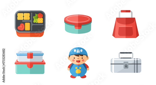 Assortment of vibrant lunch boxes, food containers, and a happy child illustration, perfect for meal prep, school, picnics, and organized daily eating