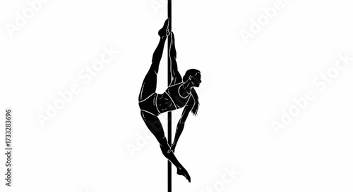 Dynamic female athlete showcases incredible strength and flexibility performing an elegant routine on a vertical pole