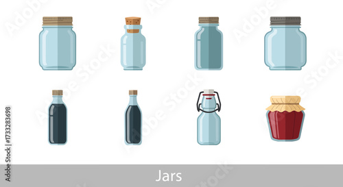 Assortment of diverse glass jars and bottles, showcasing various designs for versatile kitchen storage, food preservation, and pantry organization on a white background