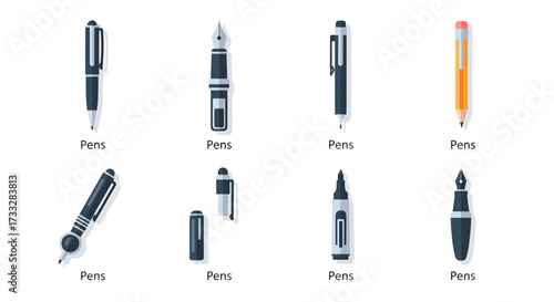 A comprehensive collection of modern flat design vector illustrations showcasing various writing instruments, including diverse pens for office, school, and creative work projects
