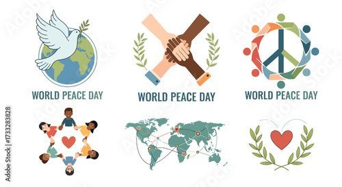 Collection of diverse illustrations symbolizing global harmony, unity, and peaceful coexistence for international observance and celebration