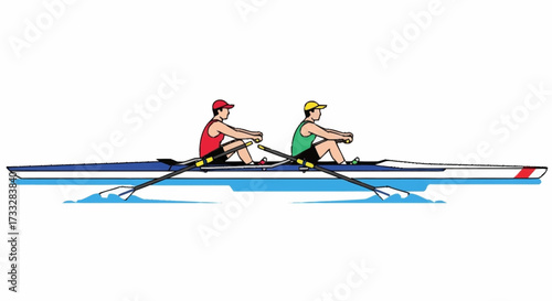 Dynamic duo masters water with synchronized rowing, propelling their sleek boat forward in perfect harmony.