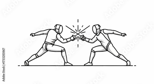 Dynamic fencers clashing swords in intense duel, showcasing competitive spirit and athletic prowess in a stylized sport illustration