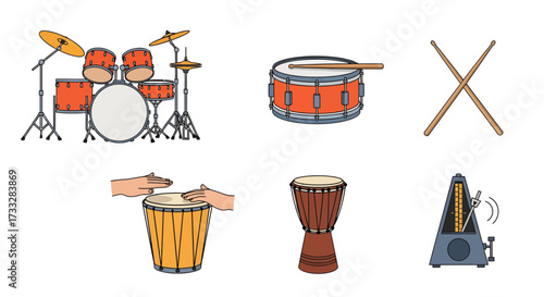 Illustrative set of percussion instruments drum kit, hand drums, drumsticks, and metronome, perfect for music, rhythm, and hobby-related designs