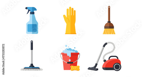 Comprehensive collection of essential household cleaning tools and supplies, featuring a variety of equipment for maintaining a spotless and hygienic living environment