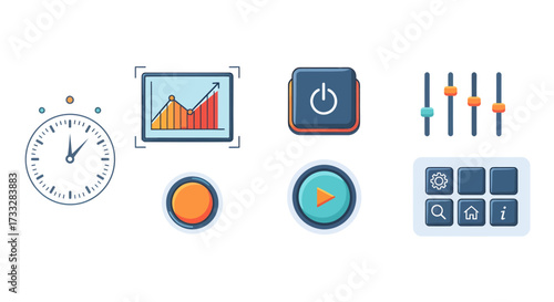 Modern flat design vector icons for user interfaces, including time, data, power, settings, record, and play functionalities