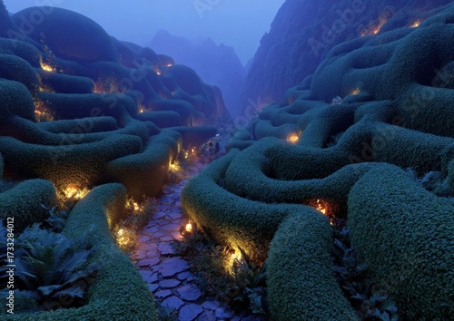 Spooky garden maze with glowing hedge sculptures and hidden jack-oa??-lanterns, mist rolling in