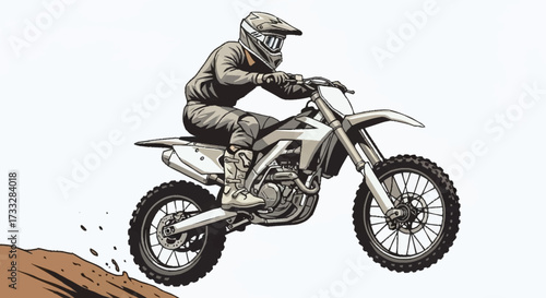 Dynamic motocross rider soaring through the air, kicking up dirt with thrilling speed and intense action