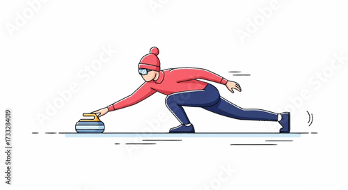 Intense curling player gliding on ice with focus and determination, ready for winter sports action and teamwork, ideal for sports illustrations