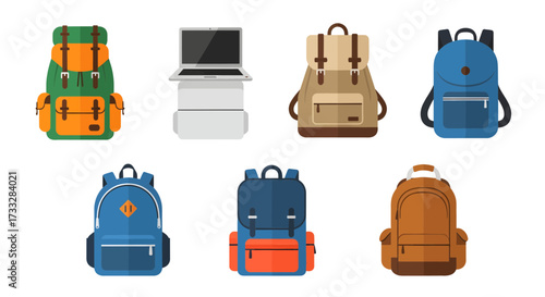 Colorful flat design illustrations of diverse backpacks for travel, school, and outdoor adventures, alongside a sleek modern laptop graphic, representing versatile utility