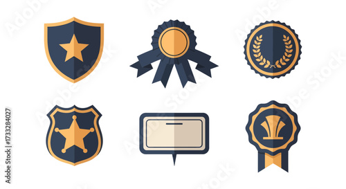 Vector collection of various flat design badges and emblems symbolizing achievement, authority, quality, and recognition with shield and ribbon elements