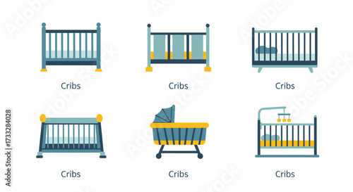 A collection of six unique vector illustrations showcasing baby cribs and bassinets. These flat design graphics depict essential nursery furniture and child sleep solutions