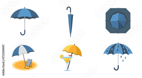 Collection of blue umbrellas and a cocktail umbrella with a drink on a beach chair
