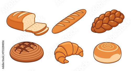 A delightful collection of assorted freshly baked bread and sweet pastry illustrations, perfect for menus, baking themes, or food-related designs