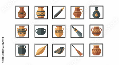 Collection of various ancient pottery vases and tools in square frames.