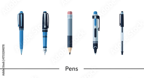 A diverse collection of essential writing instruments, featuring various styles of pens and pencils, ideal for professional office use, academic studies, or creative drawing and note-taking tasks