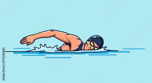 Dynamic swimmer gliding powerfully through calm water, capturing the essence of strength, determination, and athletic achievement in a clean design