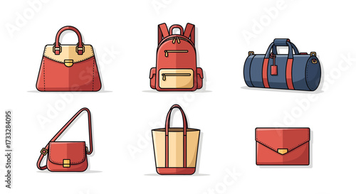 Variety of stylish bags illustration handbag, backpack, duffel, cross-body, tote, clutch. Ideal for fashion, travel, and accessory concepts