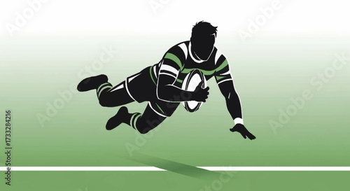 Dynamic rugby player dives for the try line, conveying power and determination in a striking graphic art style perfect for sports branding and athletic design