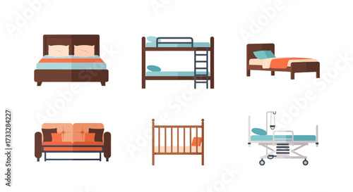 Set of different beds including crib, bunk bed, and hospital bed, for various uses