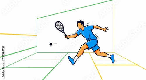 Dynamic squash player in action hitting the ball with power and precision in a modern indoor court, perfect for sports promotions and athletic designs