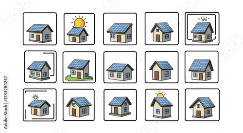 Collection of various houses with solar panels on the roof.