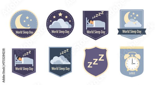 Varied set of World Sleep Day emblem designs promoting sleep health awareness, featuring nocturnal motifs like moon, stars, and sleeping figures, ideal for campaigns