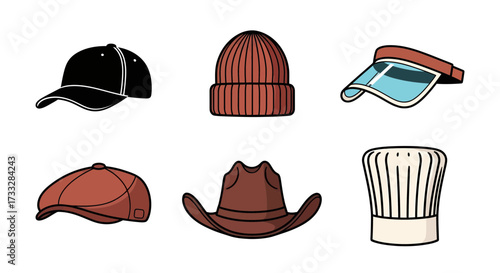A diverse collection of illustrated headwear designs, showcasing a range of stylish caps, hats, and beanies for various occasions and fashion trends suitable for contemporary media projects