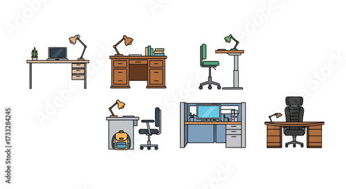 Pixel art collection of various office desks, chairs, and workspace setups, depicting diverse work environments, from traditional to modern, ideal for digital design