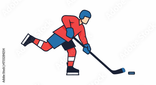 Dynamic hockey player illustration scoring a goal in bold red and blue uniform, perfect for sports branding or hockey team designs and promotional materials