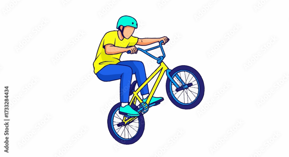 Obraz premium Dynamic action shot of a BMX biker performing a wheelie, perfect for sports marketing or youth-focused campaigns with a vibrant, modern edge
