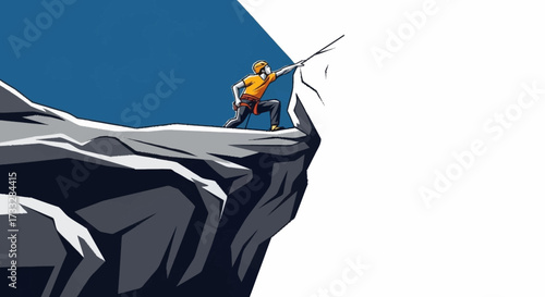 Brave climber reaching summit peak, adventure seeking icon, determined spirit conquering challenges, strong will, risk taking, professional illustration art