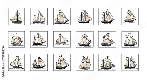 Collection of Vintage Hand Drawn Sailing Ships Illustrations.