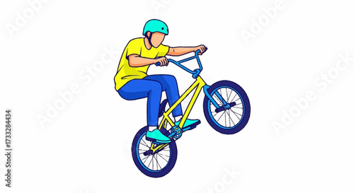 Dynamic action shot of a BMX biker performing a wheelie, perfect for sports marketing or youth-focused campaigns with a vibrant, modern edge