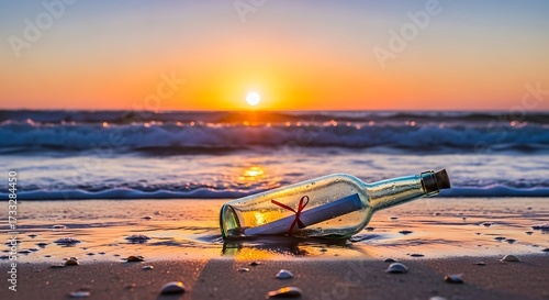Message in a bottle on beach at sunset.