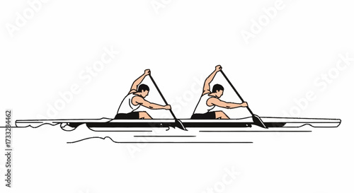 Dynamic illustration of two men rowing in sync on a sleek canoe, perfect for conveying teamwork, determination, and healthy outdoor activity promotions