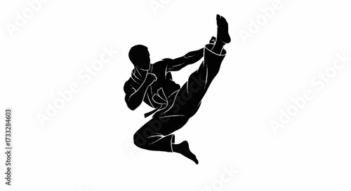 Dynamic silhouette of a martial artist executing a powerful kick, perfect for sports, fitness, or self-defense themes with bold and modern design elements