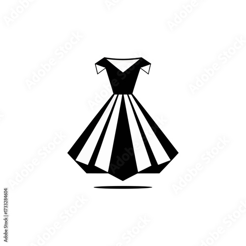 black and white dress icon, minimalist fashion silhouette, elegant boutique logo, apparel branding element, simple chic vector illustration