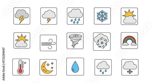 Colorful Weather Forecast Icon Set Collection.