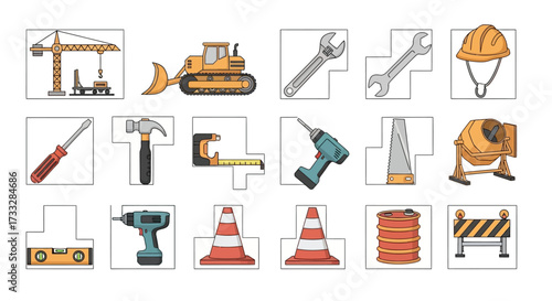 Construction Tools and Equipment Collection for Building and Roadwork Projects.
