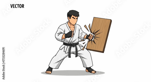 Dynamic martial artist demonstrating powerful karate chop breaking wooden board with intense focus and strength