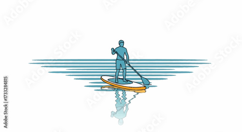 Energetic man confidently paddleboarding on calm waters under a bright sky, embracing an active outdoor lifestyle