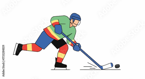 Dynamic hockey player in action, stick controlling puck, capturing intense sport competition and athletic pursuit