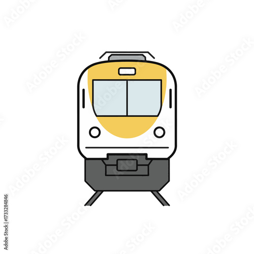 Front view of a modern yellow and white train on tracks.